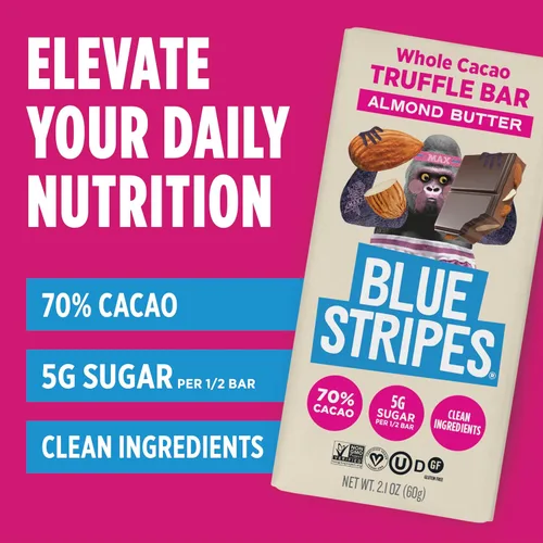 Vista 4 de Blue Stripes - Barras de Chocolate de Trufa de Cacao Entero con Mantequilla de Almendras, 70% Cacao, Mantequilla de Almendras, Chocolate Saludable