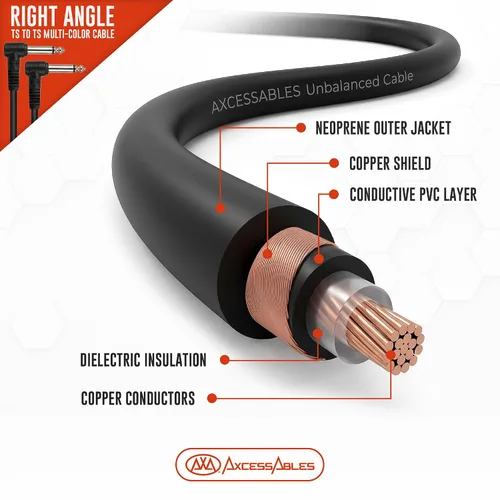 Vista 5 de AxcessAbles - Cables de conexión para guitarra TS de ángulo recto a ángulo recto de 1/4 pulgadas (3 pulgadas, paquete de 6) Cables de instrumentos