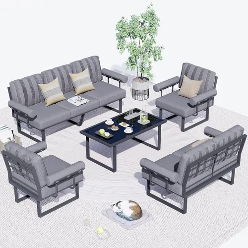 Vista 13 de HOOOWOOO Juego de muebles de aluminio para patio al aire libre, 5 piezas, sofá moderno de mediados de siglo, asiento de sofá resistente a la Gris