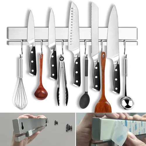 Vista 9 de YIIYIIN Soporte magnético para cuchillos de 17 pulgadas para pared, sin taladro, tira magnética adhesiva para cuchillos con 12 ganchos, varillas