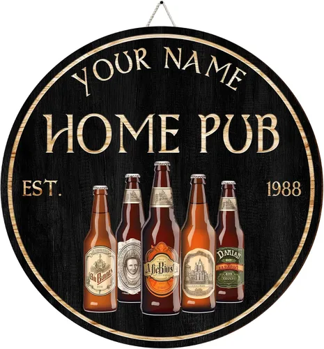 Vista 19 de Placa de pared personalizada con letrero de madera con texto en inglés "Welcome To Our Bar" (NO REAL CARVED), decoración de barra de sótano, sala