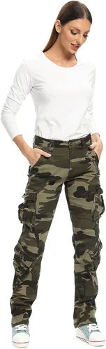 Vista 4 de OCHENTA Pantalones cargo holgados militares casuales para mujer, camuflaje militar, combate de fatiga con 8 bolsillos