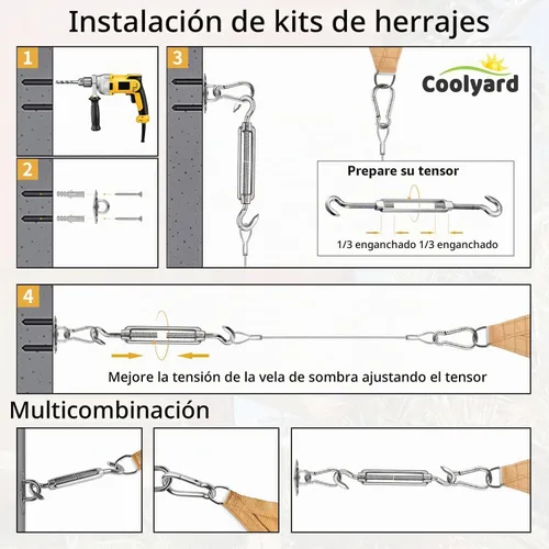 Vista 4 de COOLYARD Kit de accesorios para vela con cable de cable, cable de avión recubierto de vinilo de 48 pies (12 pies x 4), kit de colgar de 6 pulgadas