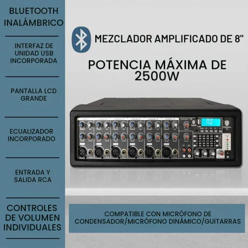 Vista 2 de PRORECK MX15 - Mezclador/amplificador de sistema de sonido PA con Bluetooth de 2500 W, 15 pulgadas, controlador de efectos de micrófono