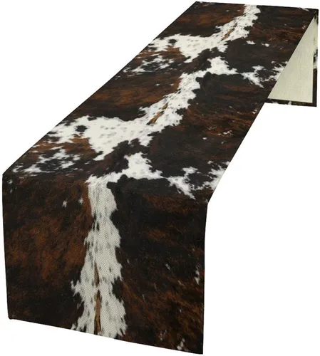 Vista 58 de Camino de mesa con estampado de piel de vaca, lino y algodón, rústico, estilo occidental, color negro, marrón, piel de vaca, para decoración