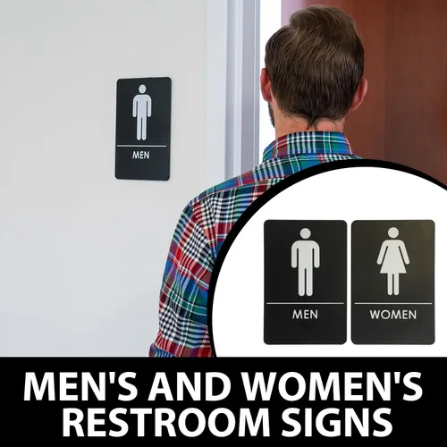 Vista 2 de Hecho en EE.UU. - Letreros de Baños para Hombres y Mujeres Compatibles con ADA, Señales de Puertas de Baño para Oficinas, Negocios y Restaurantes