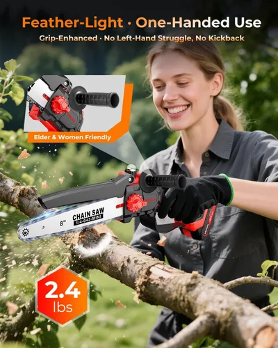 Vista 7 de UBeesize Mini motosierra inalámbrica de 8 pulgadas Tiempo de funcionamiento más largo Motor sin escobillas Diseño de mango ergonómico Fácil