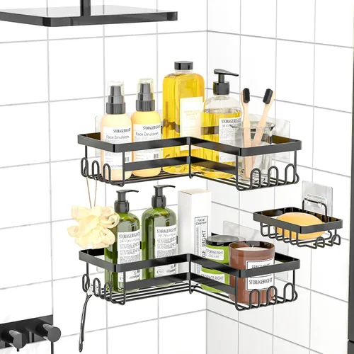 Vista 6 de StorageRight Organizador de ducha de esquina, paquete de 3 accesorios de baño adhesivos con soporte para jabón, estante organizador de ducha