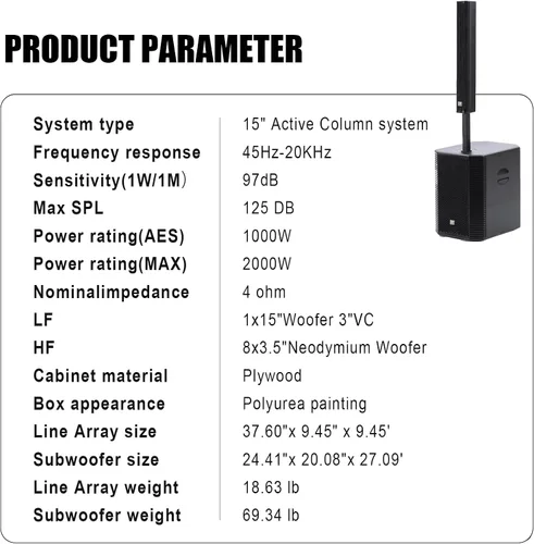 Vista 6 de (Lanzamiento esperado: mediados de mayo) EXOTON S-1503 Line Array Column DJ System con subwoofer alimentado de 15 pulgadas, 2000 W, 125 dB SPL