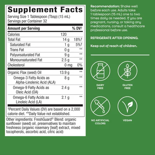 Vista 2 de Nature's Way Aceite de lino orgánico premium, 16 onzas líquidas Aceite de semilla de lino sin sabor con omega-3 ALA, suplemento de aceite de lino