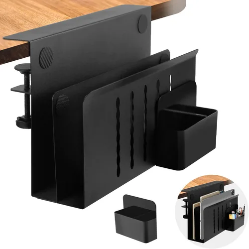 Vista 9 de Almacenamiento lateral de escritorio, soporte para laptop debajo del escritorio, organizador de archivos colgante lateral de mesa, sin abrazadera