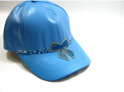 Vista 3 de Genuine 100% Leather light Blue Hip Hop Bling Streetwear Baseball Cap Hat Ladies Teens