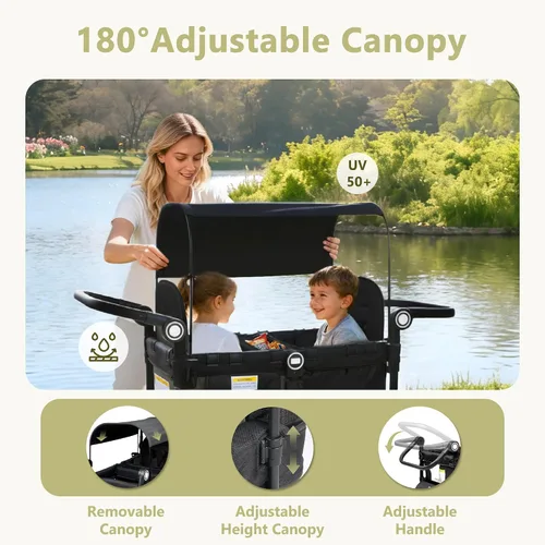 Vista 2 de Kinder King Cochecito Wagon para 2 niños, rueda absorbente de golpes, color Negro