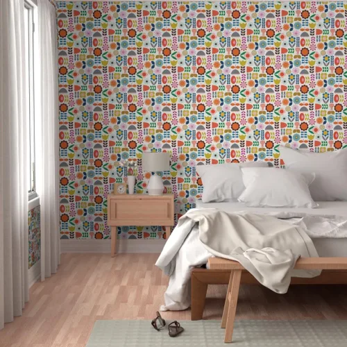 Vista 5 de Spoonflower Despegar y pegar papel tapiz Muestras - Mod Jardín escandinavo Scandi Arte Flores Margarita Azul Marino Naranja Rosa Vivero Floral