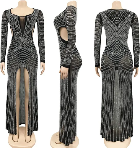 Vista 4 de PORRCEY - Vestido de noche sexy con manga larga y diamantes de imitación para mujer, fiestas y discotecas
