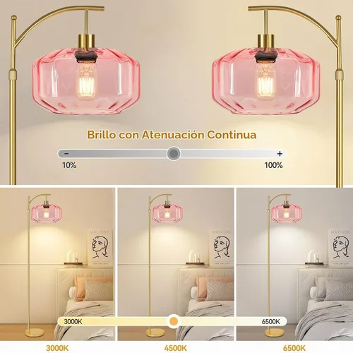 Vista 2 de Lámparas de pie doradas para sala de estar, dormitorio, lámpara de pie de cristal con control remoto y pantalla rosa, lámpara de pie regulable