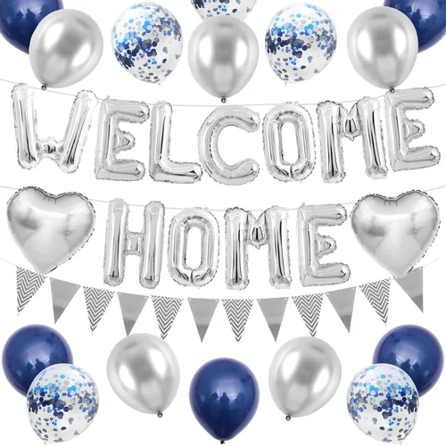 Vista 13 de Decoraciones Welcome Home Negro Azul Plateado, Pancarta de Globos de Papel de Aluminio Negro Welcome Home con Globos de Corazón Azul Marino Banderín
