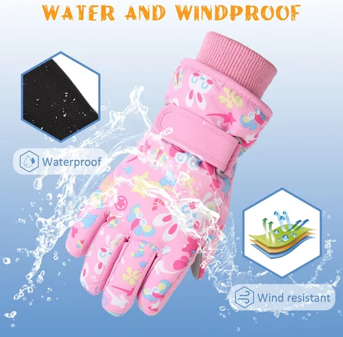 Vista 2 de JANGANNSA Guantes de esquí de invierno para niños y niñas, guantes de nieve para clima frío, guantes de esquí y snowboard impermeables con forro