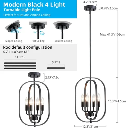 Vista 2 de XINGQI Modernas lámparas de araña para comedor, lámpara colgante rústica geométrica de granja de 31 cm, lámpara de techo de metal negro de 4 luces