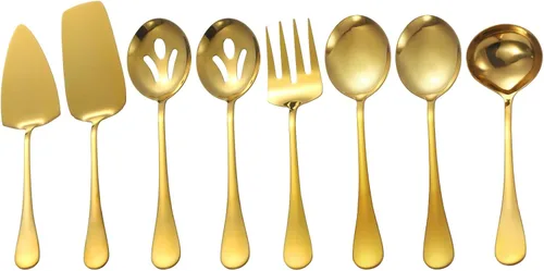 Vista 8 de Utensilios negros para servir, juego de 8 utensilios de acero inoxidable para servir, incluye cucharas de servir, tenedor de servir, cucharón