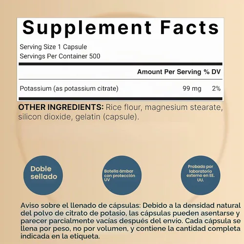 Vista 2 de NatureBell Citrato de potasio 99 mg, 500 cápsulas - Suplementos minerales quelatados - Sin OMG, sin gluten