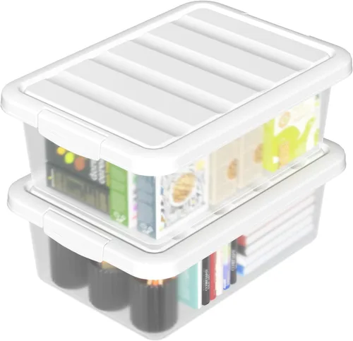 Vista 9 de Cubo de almacenamiento apilable de plástico de 14 cuartos de galón, caja de almacenamiento básica transparente con tapa negra (paquete de 2)