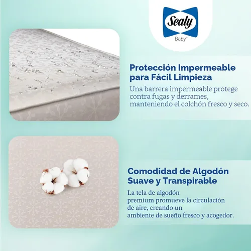 Vista 3 de Colchón de cuna Sealy Baby Flex Cool de 2 etapas transpirable con ajuste para cama de niño, funda de algodón transpirable y resistente al agua, 204