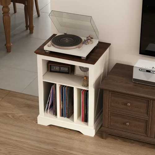 Vista 4 de Soporte de tocadiscos estilo granja, mesa auxiliar de 3 niveles, soporte para tocadiscos con almacenamiento para discos de vinilo, gabinete