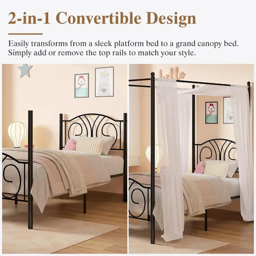 Vista 3 de VECELO - Marco de cama con dosel doble, cabecera vintage con voluta, color negro mate Twin canopy bed frame, Scrollwork metal headboard, Sturdy