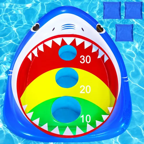 Vista 6 de Divertidos juguetes de piscina para niños, paquete de 2 tablas inflables de cornhole de rana flotante, juego de natación al aire libre para adultos