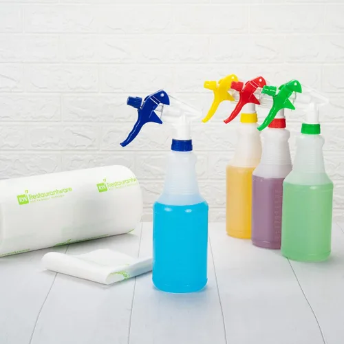 Vista 4 de RW Clean - Botellas de plástico de 25 onzas, juego de 4 botellas de spray vacías – boquillas ajustables, botella de limpieza de plástico multicolor