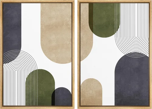 Vista 51 de Ashbrook - Set de arte de pared en lienzo enmarcado, tonos orgánicos de la tierra en beige y marrón con ilustraciones de trazos circulares, arte