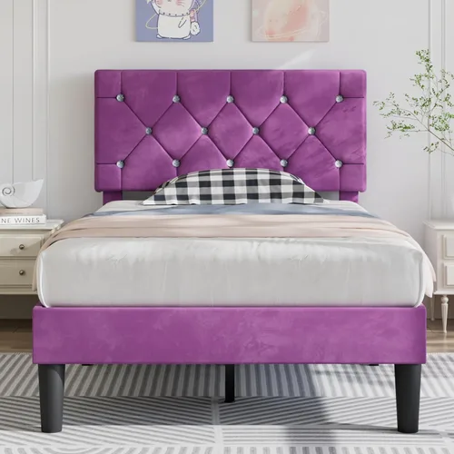 Vista 17 de VECELO Base de cama tamaño individual con plataforma tapizada con cabecera ajustable de botones de diamante, soporte de listones de madera,