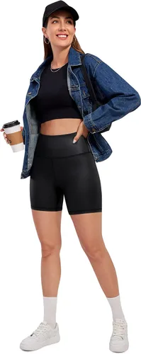 Vista 3 de CRZ YOGA Matte Faux Leather Shorts for Women 6 - Stretch High Waisted Spandex Biker Shorts Workout Yoga Short Leggings