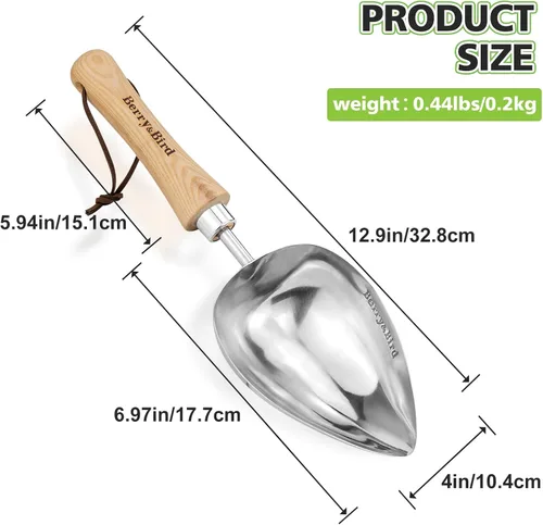 Vista 2 de Berry&Bird Cuchara de tierra de gran tamaño, cuchara de jardinería de acero inoxidable de 12.9 pulgadas con mango de madera de fresno