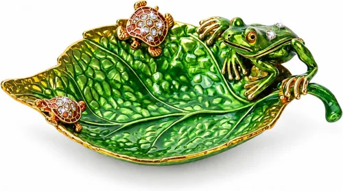 Vista 8 de Plato de soporte de anillo de hoja esmaltada, bandeja de exhibición de anillo con rana y tortugas Green_4