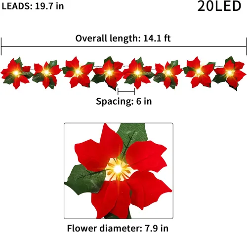 Vista 7 de Guirnalda de Pascua roja LED de Navidad con luces blancas cálidas de 14 pies, flores de Pascua artificiales para decoración navideña, temporizador