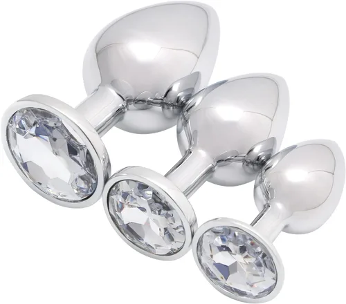 Vista 14 de AKStore 3 tapones anales fetiches de acero inoxidable con diseño de joyas lujosas para fantasías sexuales de bondage, tamaños grande, mediano y Negro