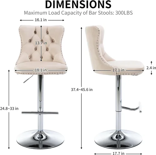 Vista 3 de Juego de 2 taburetes de bar de terciopelo beige, sillas de bar giratorias ajustables con respaldo