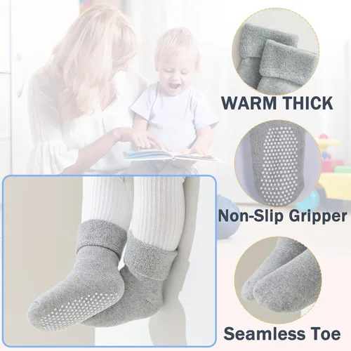 Vista 2 de hakugoo 6 pares de calcetines antideslizantes para niños pequeños con pinzas de invierno, gruesos, cálidos, acogedores, calcetines para bebés y niños