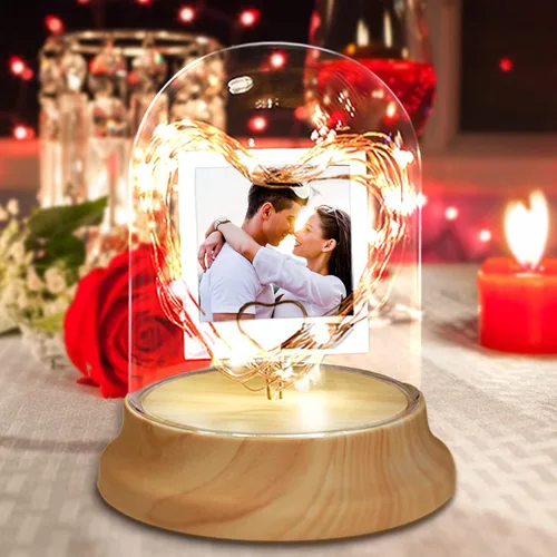 Vista 7 de Luz nocturna personalizada con foto, lámpara de noche personalizada con imagen de corazones en pantalla de vidrio con cadena de luces LED, regalos