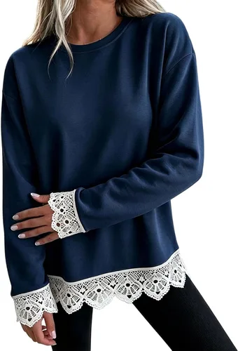 Vista 15 de Fall Sweatshirts for Women Crewneck Scalloped Lace Trim Cute Pullover Tops Lightweight Long Sleeve Polka Dot Sweatshirt,Oversized Leopard Print A