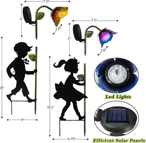 Vista 7 de Paquete de 2 luces solares de jardín, siluetas LED de paisaje para niño y niña, decoración de metal para exteriores, para jardín, paisaje, camino