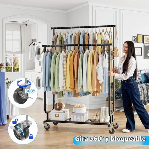 Vista 6 de Estante para ropa Ekisemio con capacidad de carga de 450LBS, estante resistente para ropa con ruedas, estantes enrollables para colgar ropa