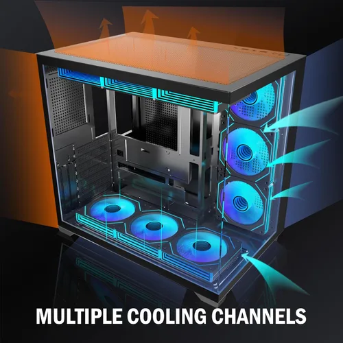Vista 2 de PC CASE 9 PWM ARGB Ventiladores preinstalados, funda de PC para juegos de media torre, carcasa panorámica de vidrio templado para computadora