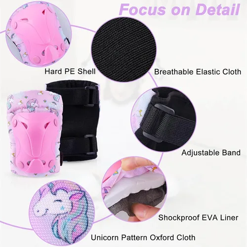 Vista 6 de Casco para niños, casco de bicicleta para niños pequeños con pegatinas DIY Unicornio, rodilleras y coderas ajustables, juego de protección para Rosa