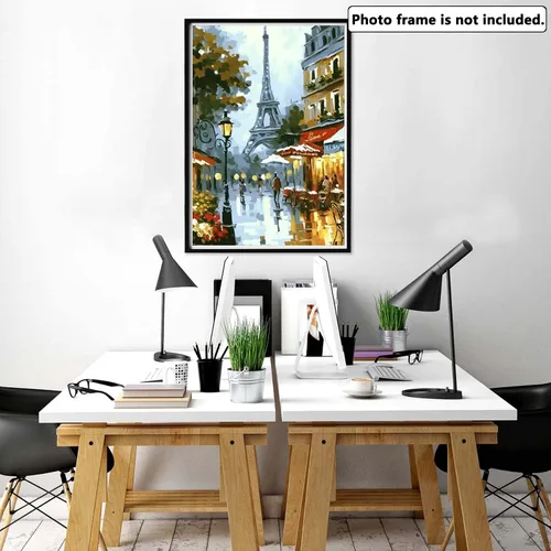 Vista 2 de Yomiie Kits de pintura por números para adultos, kits de pintura acrílica de lienzo de paisaje urbano, fácil de pintar por números