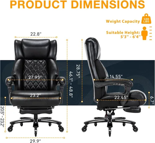 Vista 2 de Silla de oficina grande y alta de 500 libras con reposapiés, respaldo alto, silla ergonómica reclinable para personas pesadas, silla de oficina