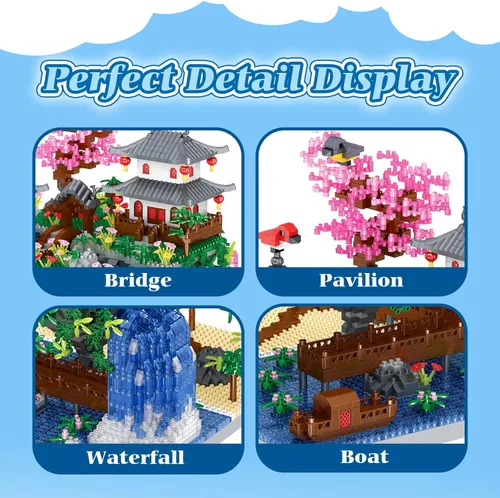 Vista 2 de Juego de construcción de árbol de cerezo en flor, bloques de arquitectura china, juego de casa Sakura japonesa, juego de bonsái para adultos, regalo