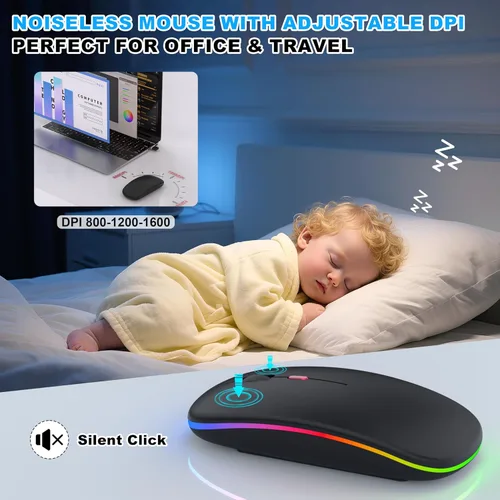 Vista 6 de Mouse inalámbrico Bluetooth para MacBook Air Mac Pro iPad, mouse silencioso recargable LED con receptor USB-A/USB-C de 2.4 GHz y mouse jiggler, Negro